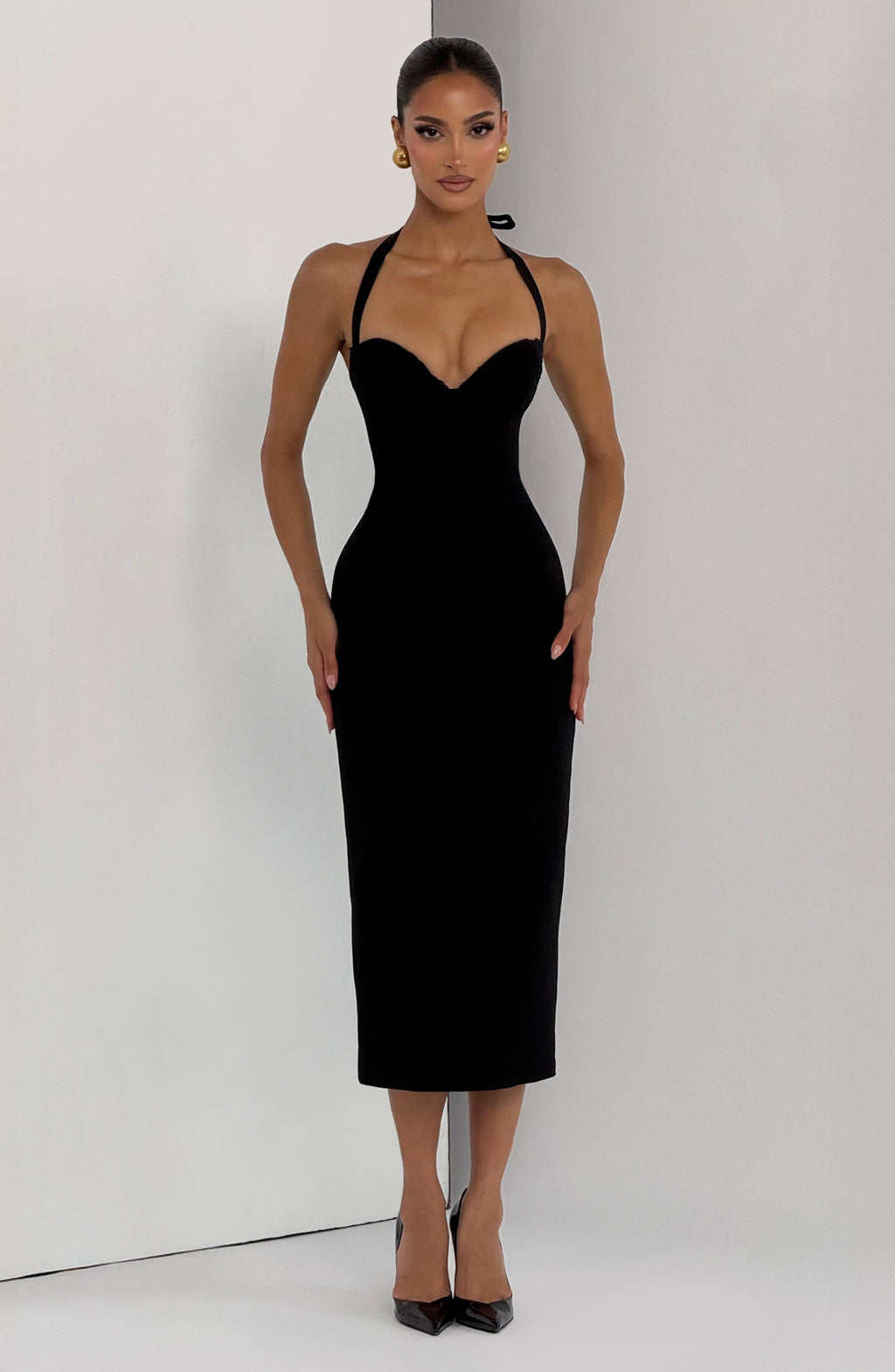 Vestido midi Celia™ negro con cuello halter, foto 7