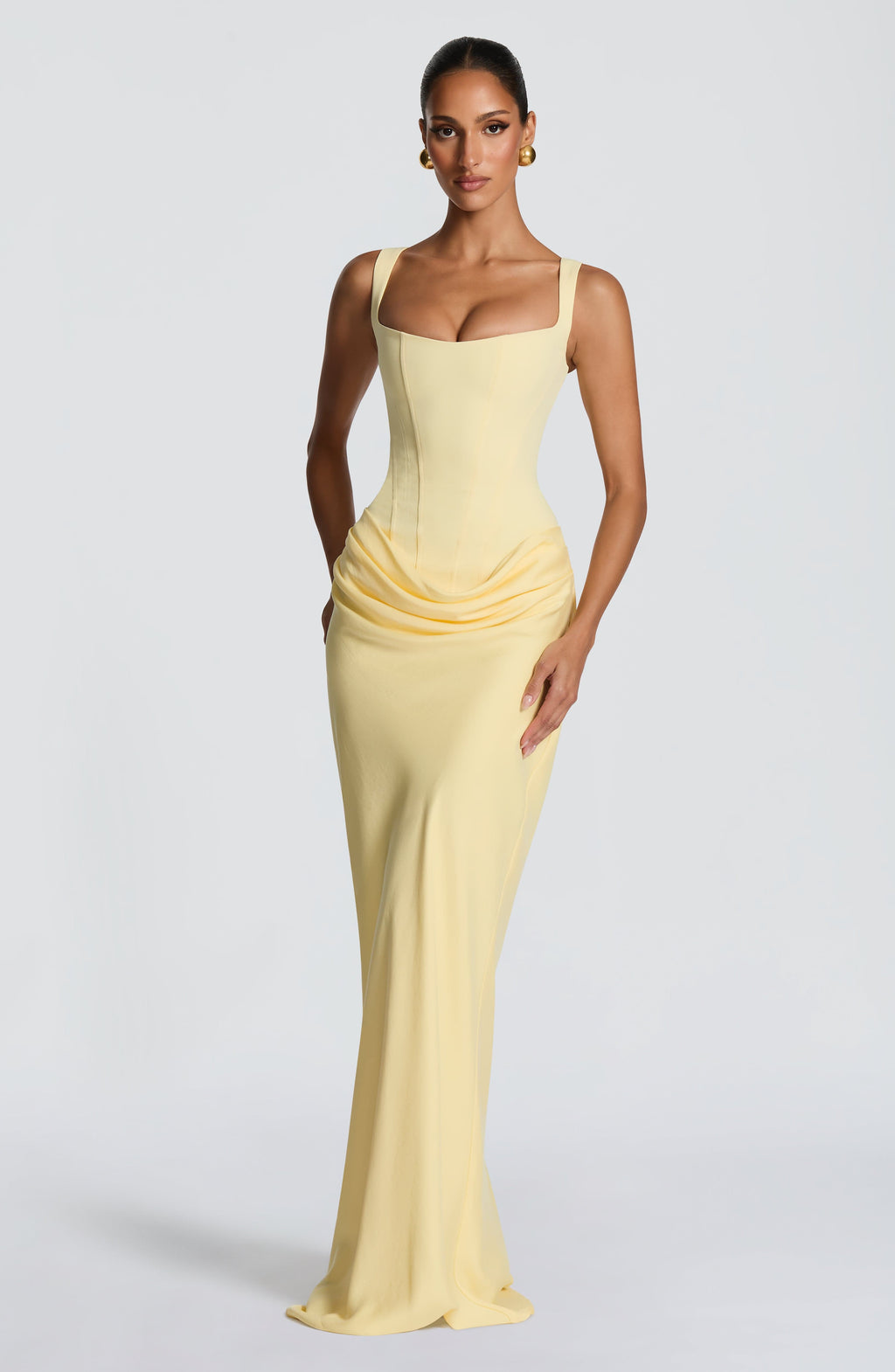 Vestido de evento largo Cornelia™ amarillo limón con escote drapeado, foto 4