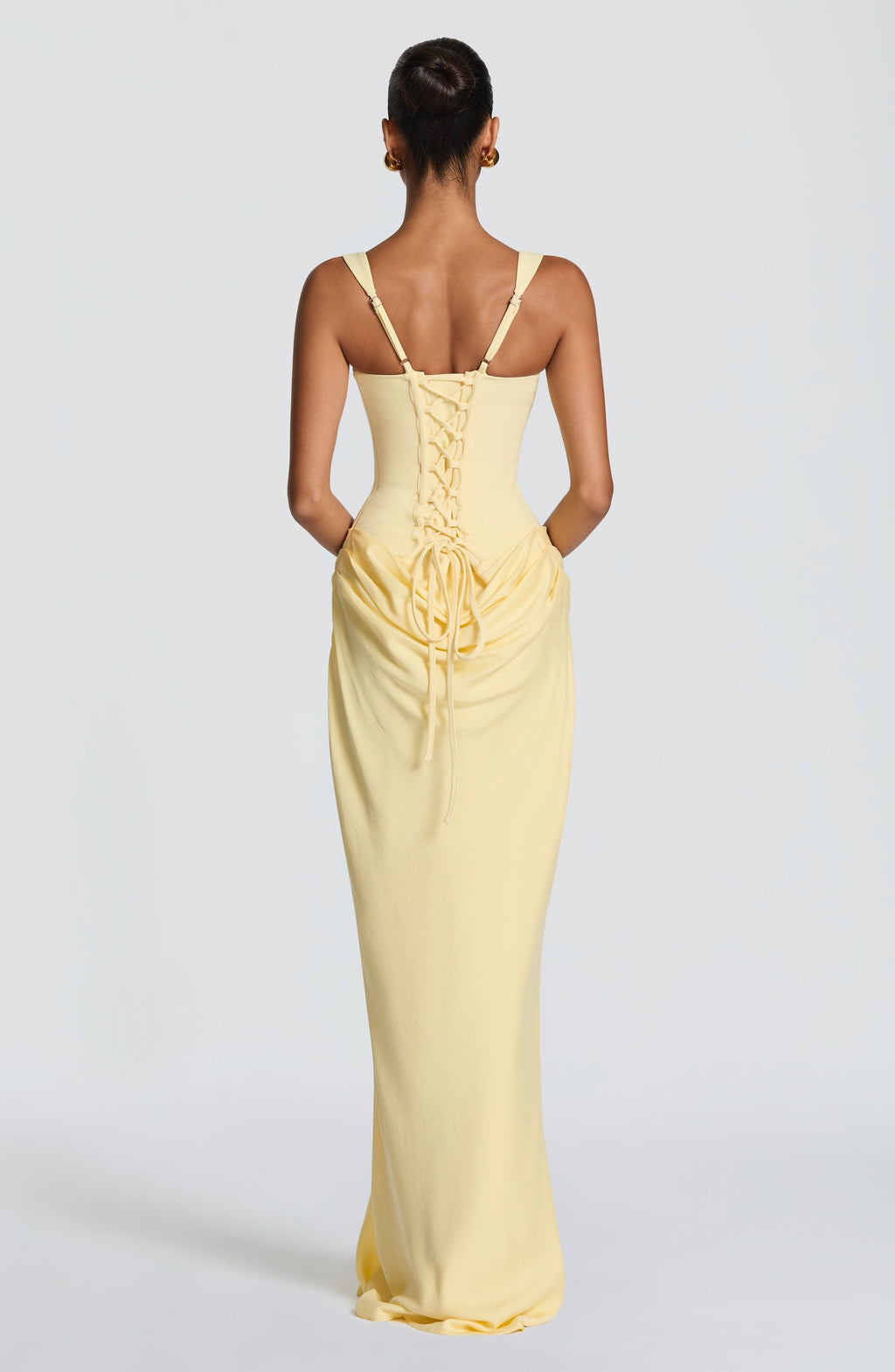 Cornelia™ en amarillo limón, vestido largo con corsé, escote drapeado