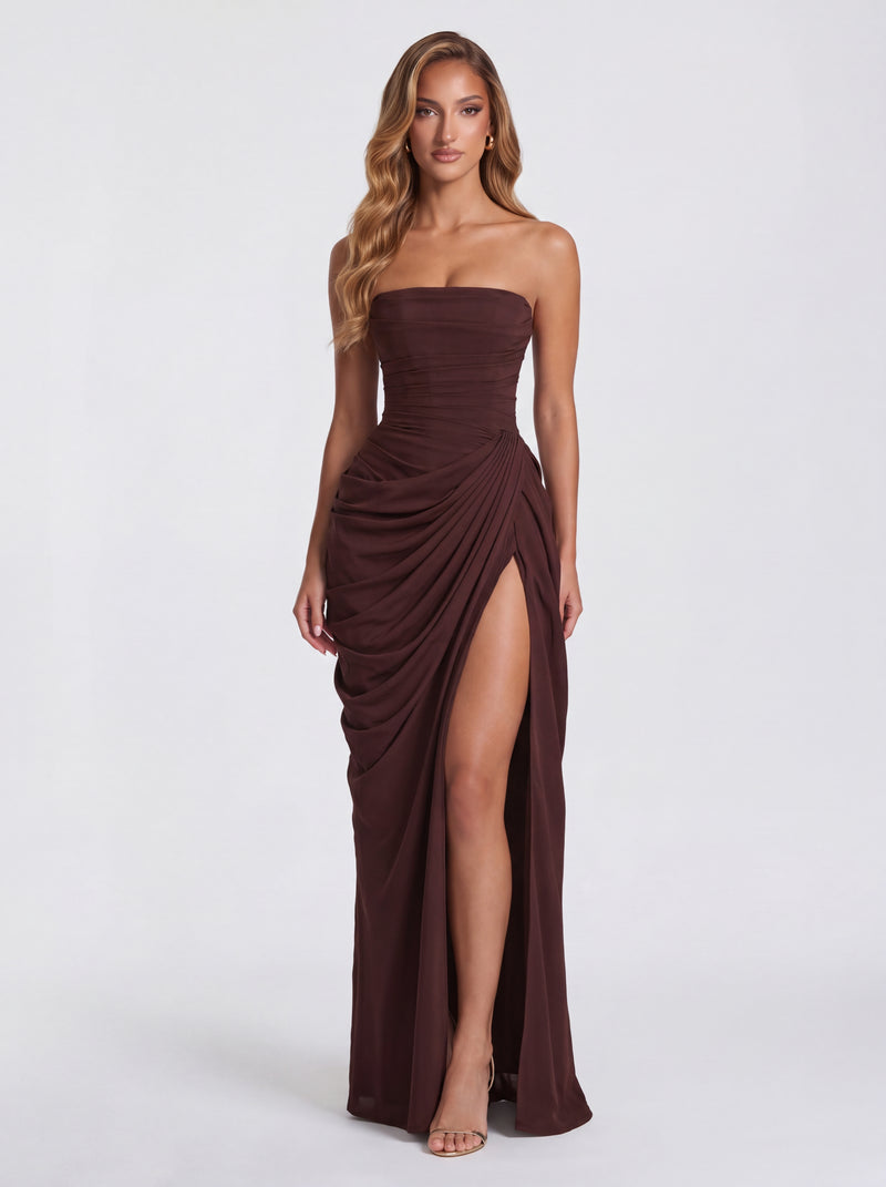 Cyra™ - Vestido Largo de Chifón Marrón Ciruela