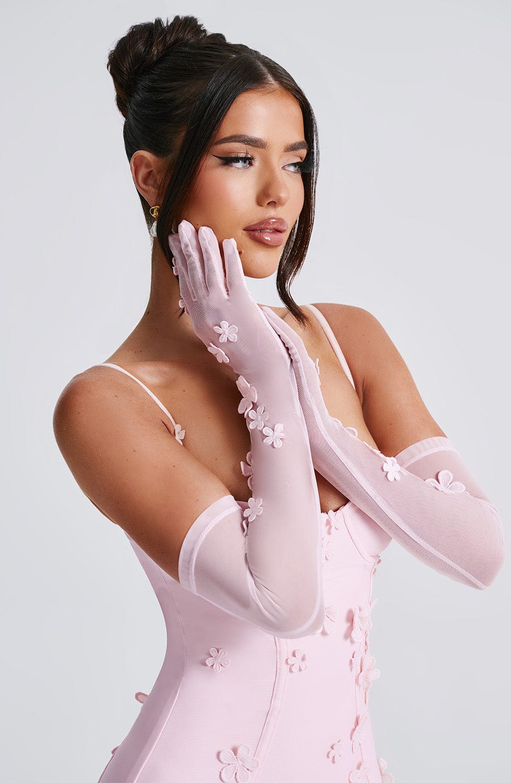 Flor™ - Guantes de Tul con Flores Rosa Empolvado