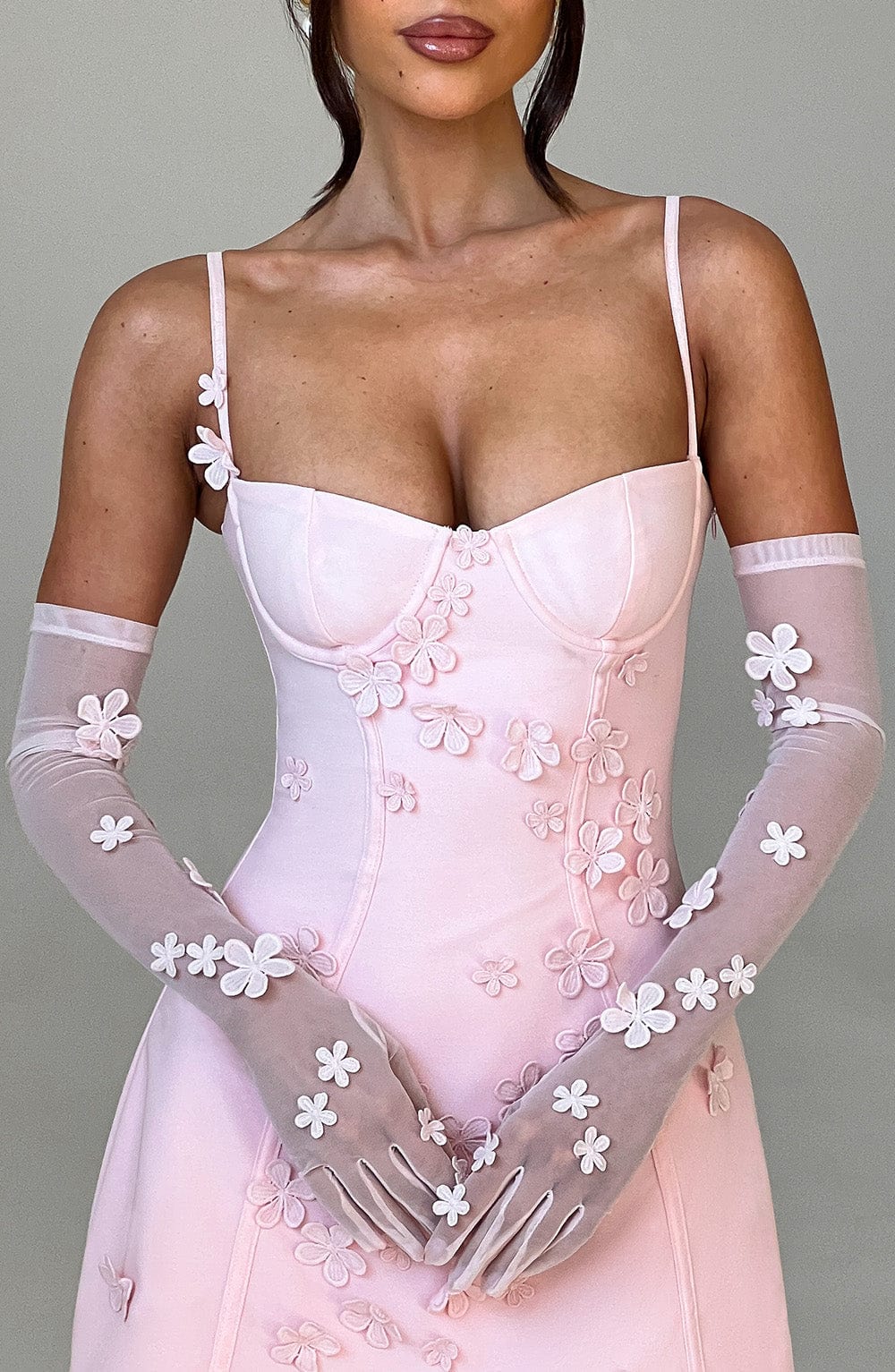 Flor™ - Guantes de Tul con Flores Rosa Empolvado