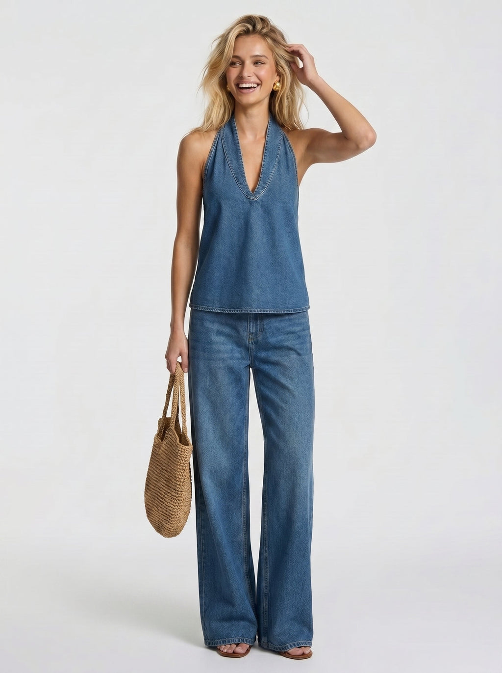 Conjunto denim con palazzo negro para vacaciones - Miriam™ Ana Ibiza