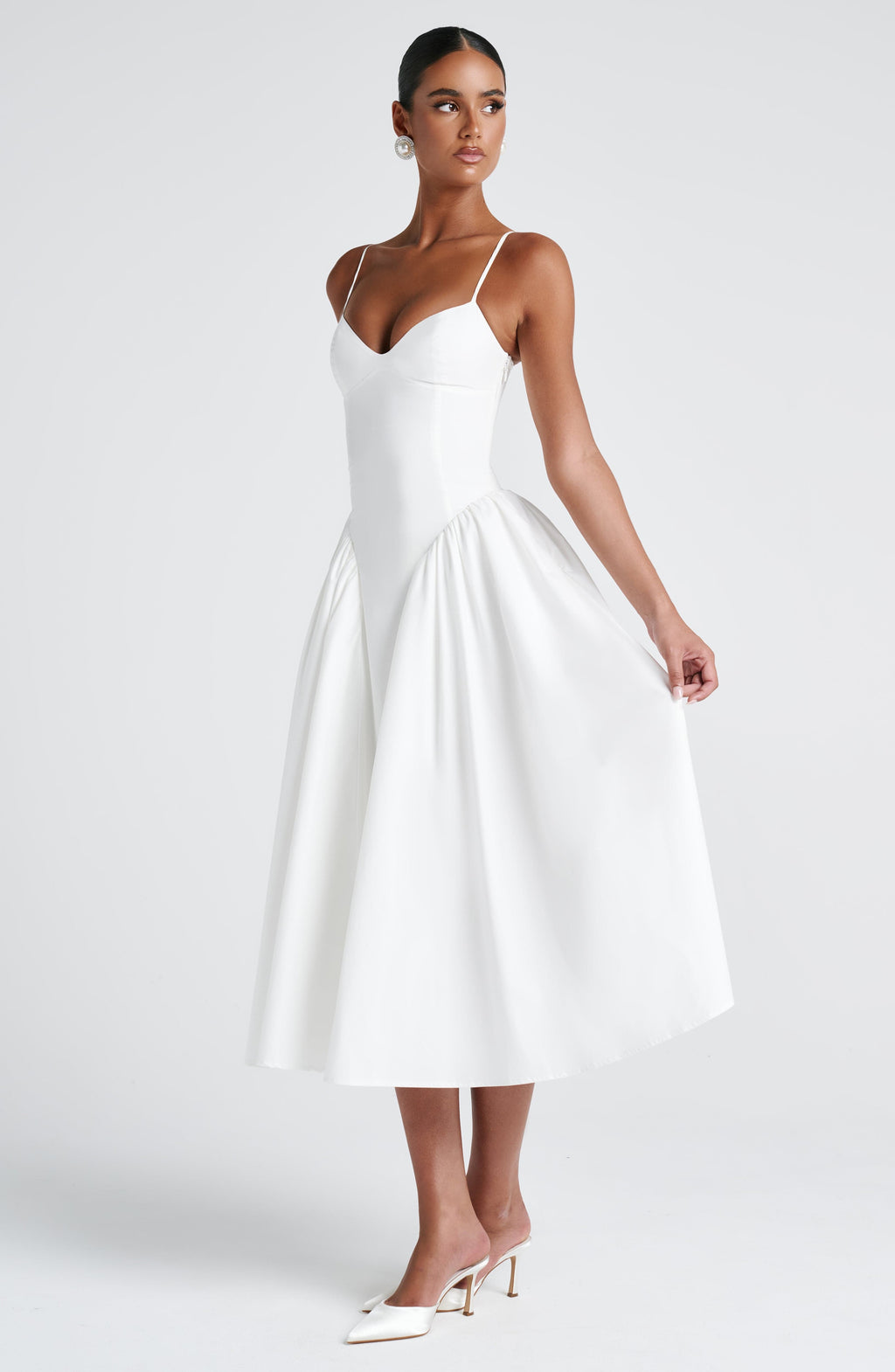 Vestido blanco midi con godets para preboda o evento - Emma™ Ana Ibiza