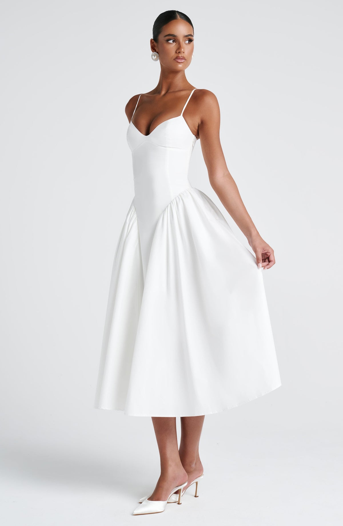 Vestido blanco midi con godets para preboda o evento - Emma™ Ana Ibiza