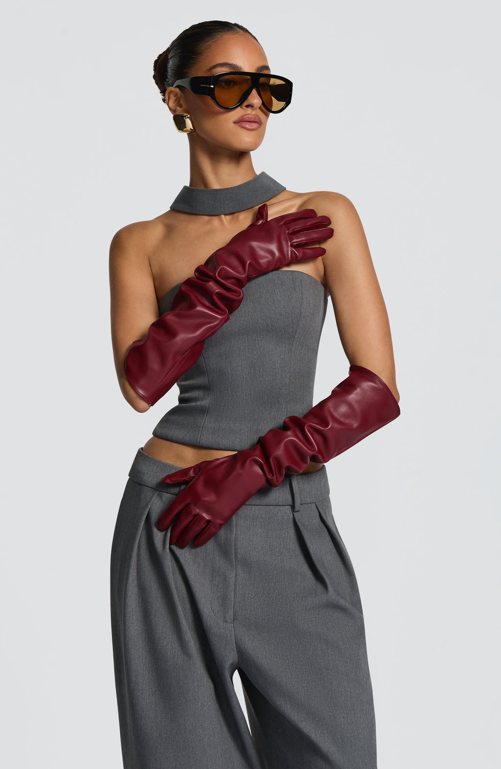 Francisca™ - Guantes Largos de Polipiel Burdeos