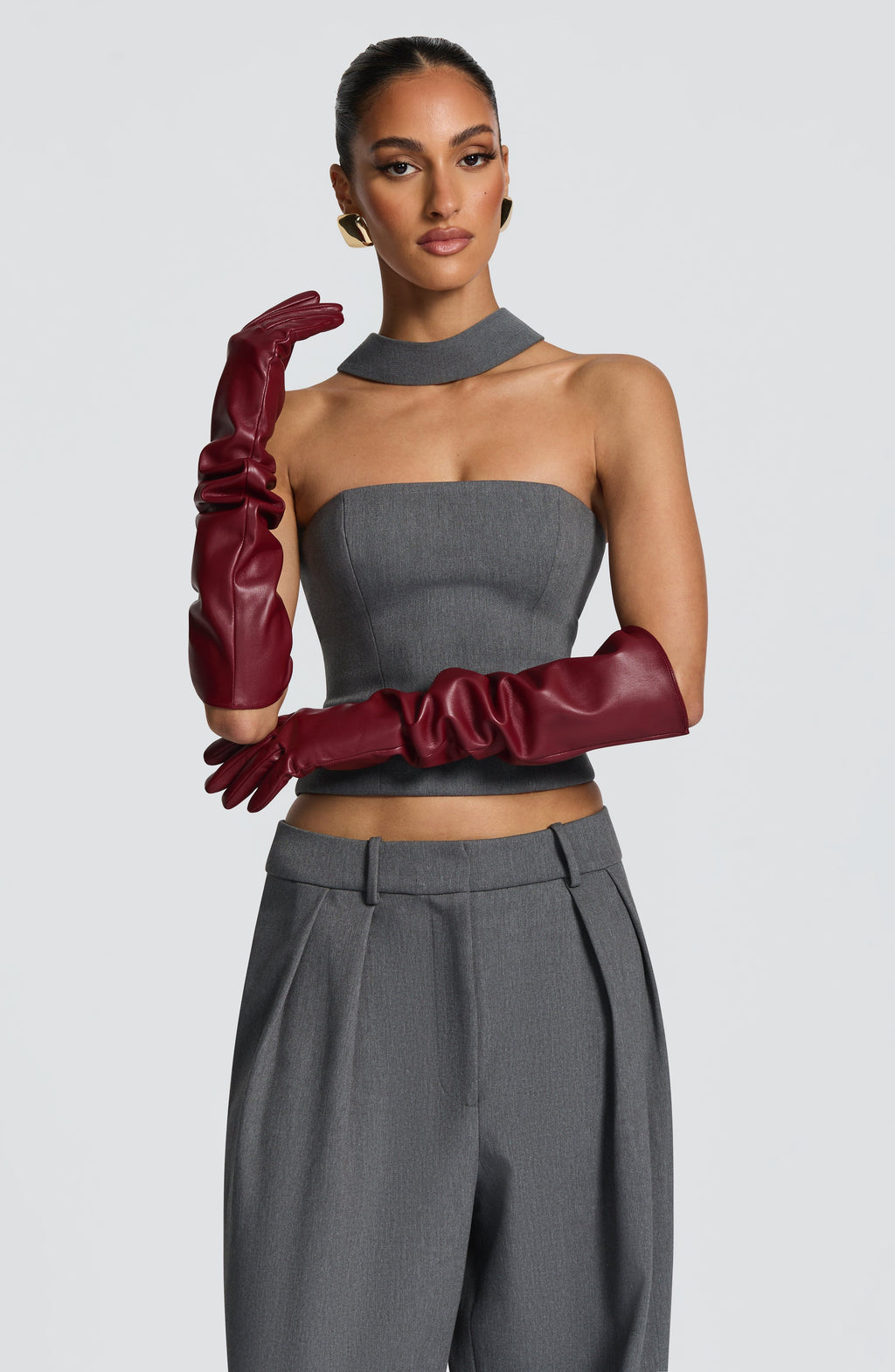 Francisca™ - Guantes Largos de Polipiel Burdeos