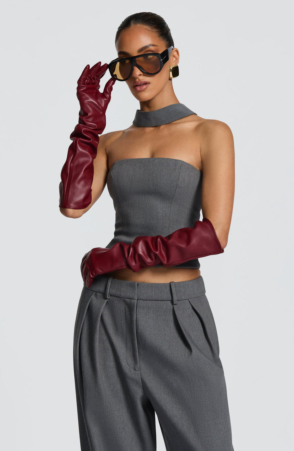 Francisca™ - Guantes Largos de Polipiel Burdeos