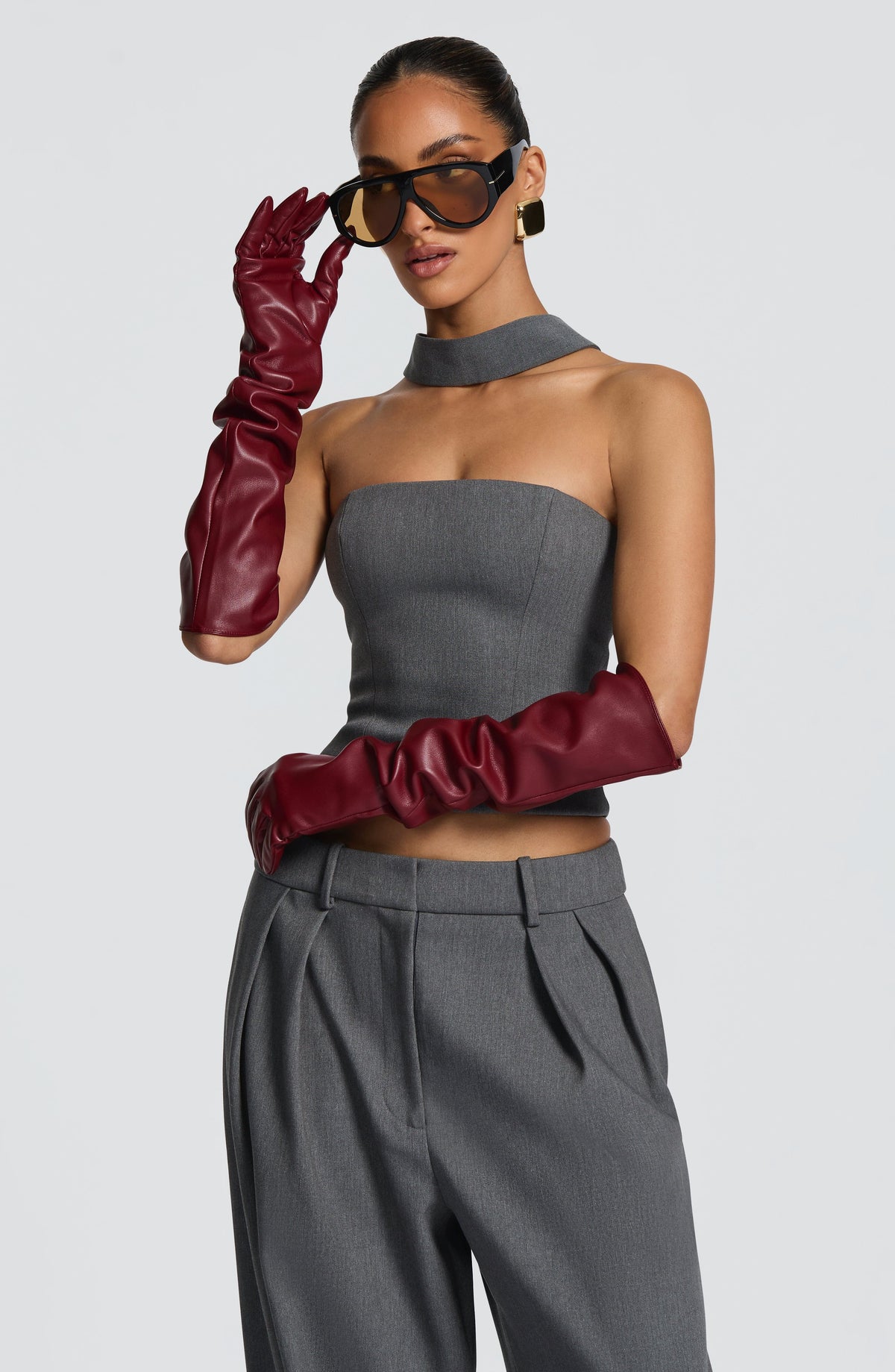 Francisca™ - Guantes Largos de Polipiel Burdeos