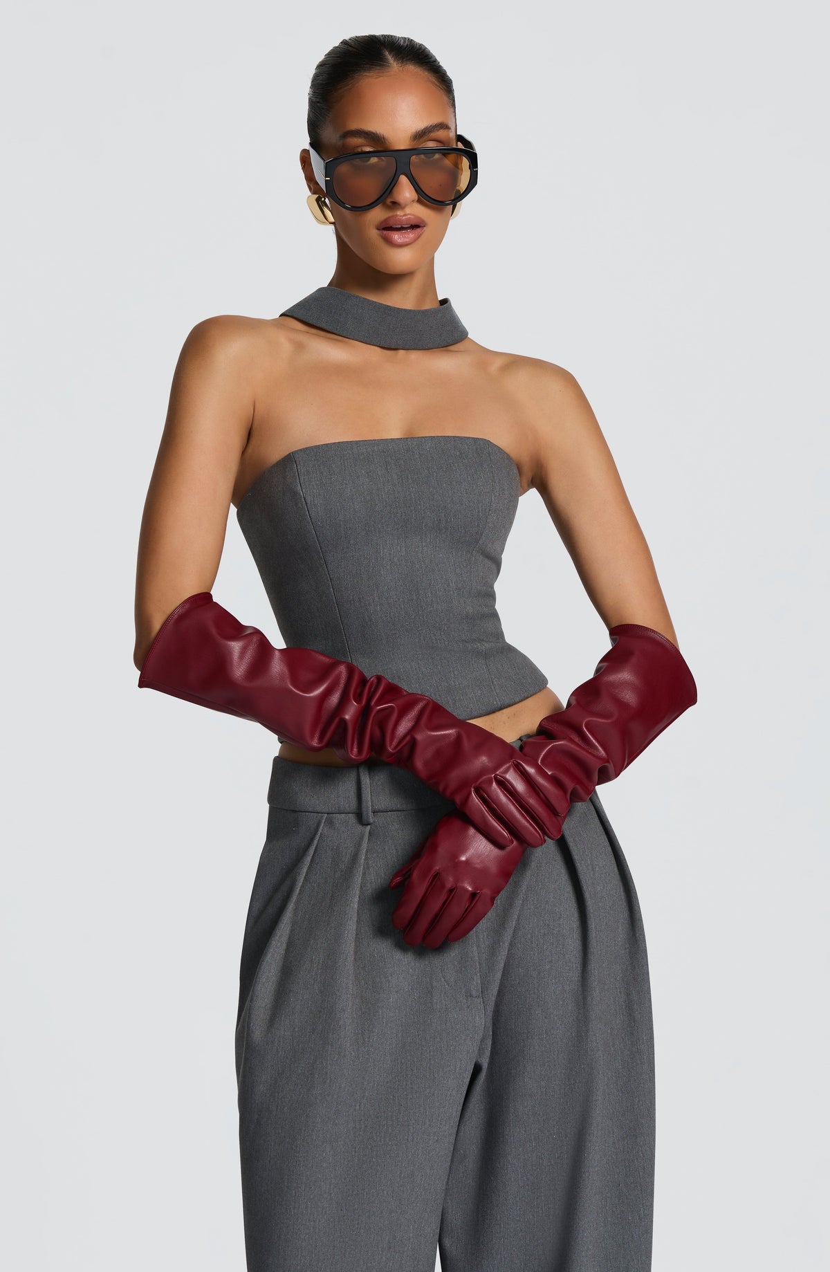 Francisca™ - Guantes Largos de Polipiel Burdeos