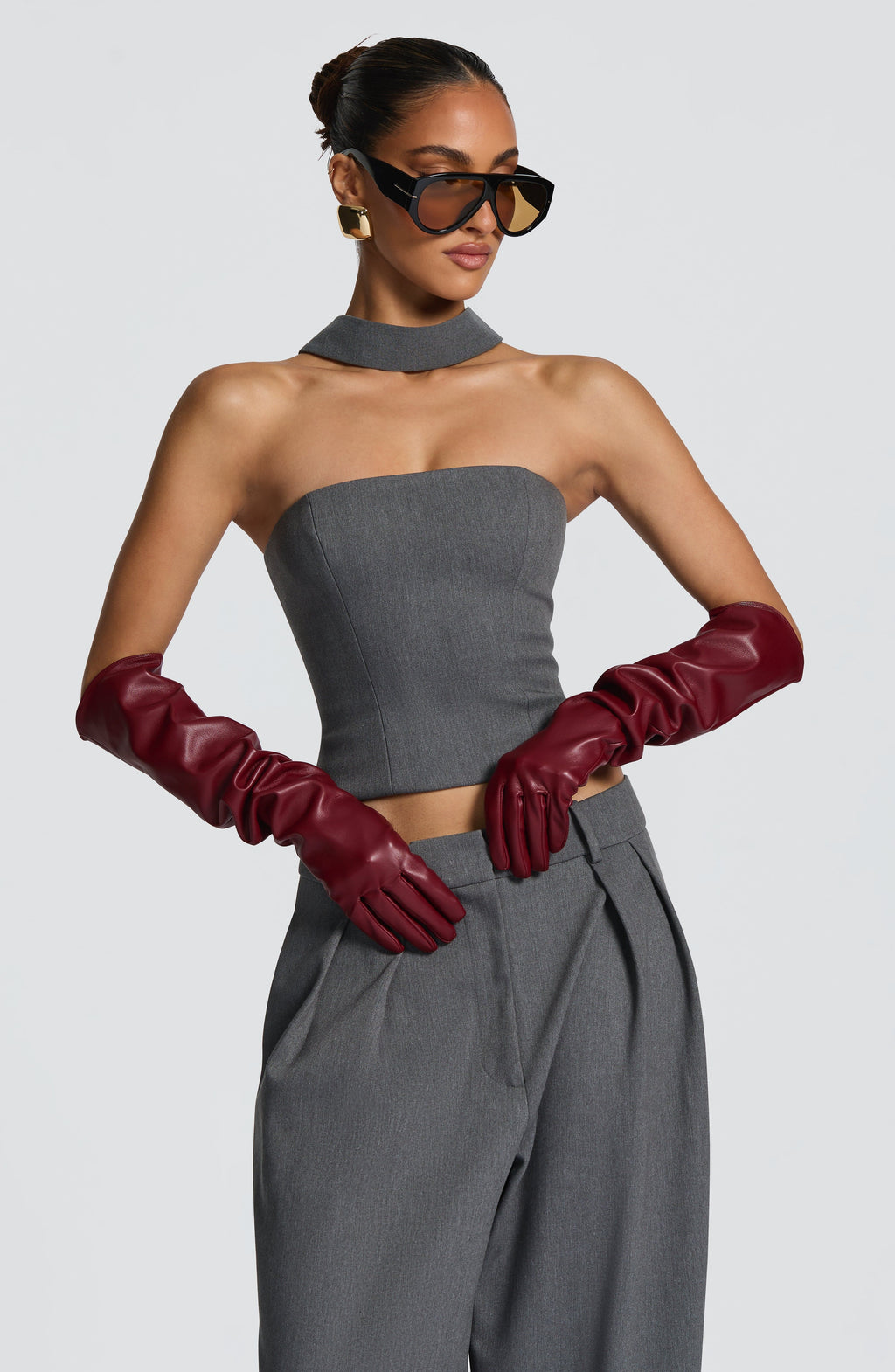 Francisca™ - Guantes Largos de Polipiel Burdeos