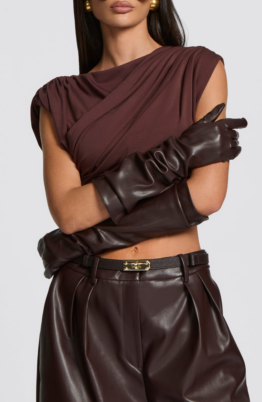 Francisca™ - Guantes Largos de Polipiel Marrón Ciruela