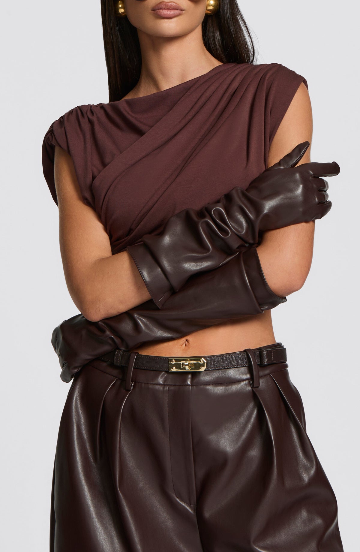 Francisca™ - Guantes Largos de Polipiel Marrón Ciruela