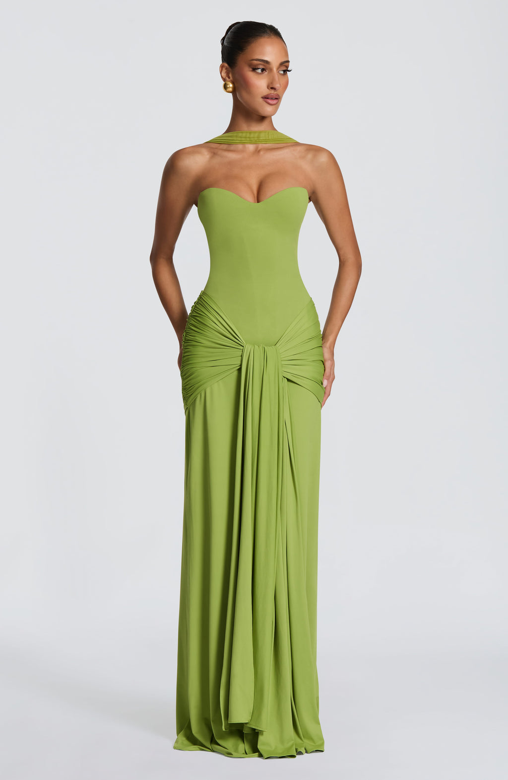 Gema™ en oliva, vestido largo de punto, con corsé