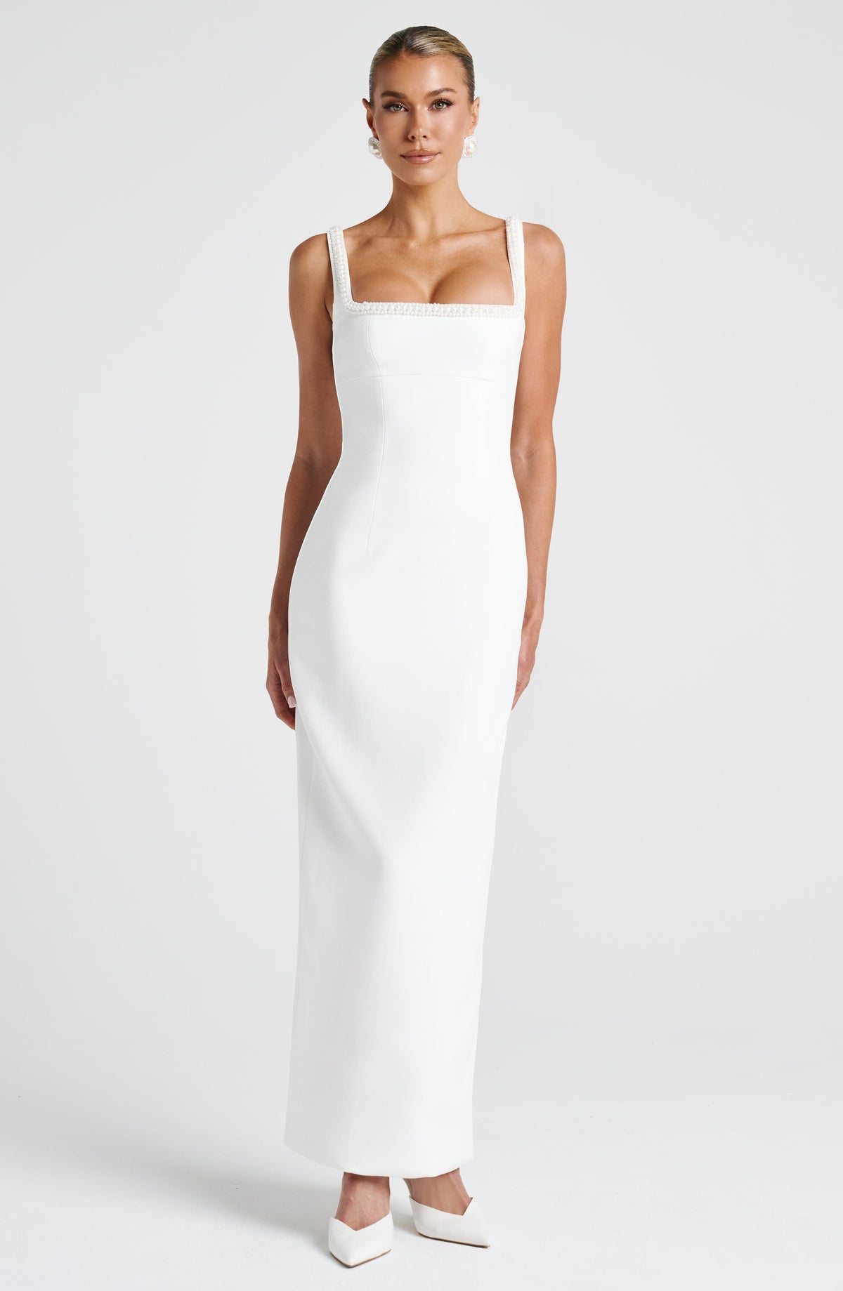 Vestido blanco midi con perlas para preboda o evento - Inés™ Ana Ibiza