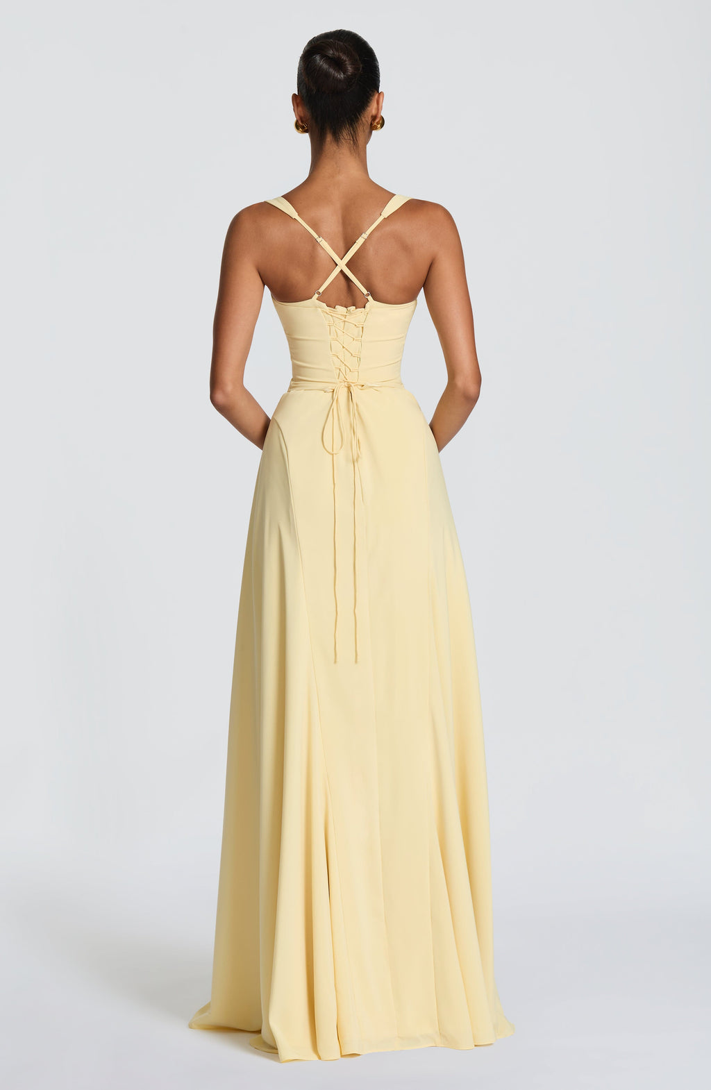 Irene™ en amarillo limón, vestido largo de chifón, con corsé