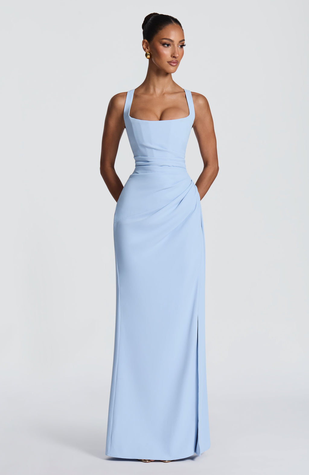 Vestido de evento Lucía™ azul glaciar con abertura en la pierna, foto 4