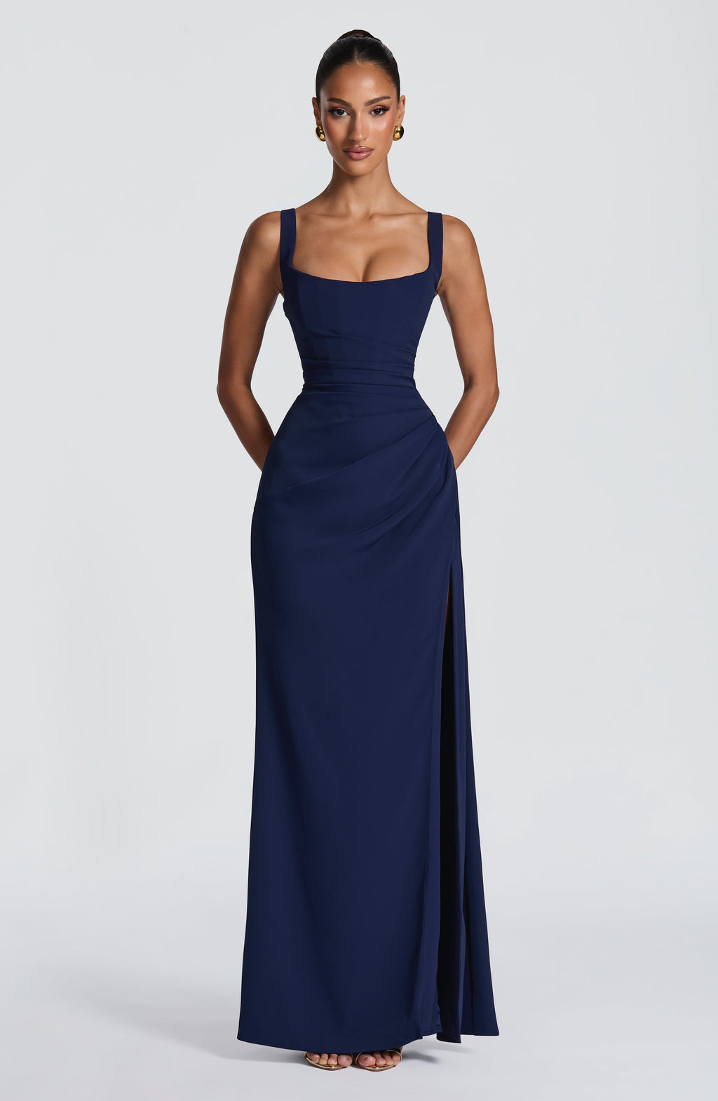 Vestido de evento Lucía™ azul marino con abertura en la pierna, foto 4