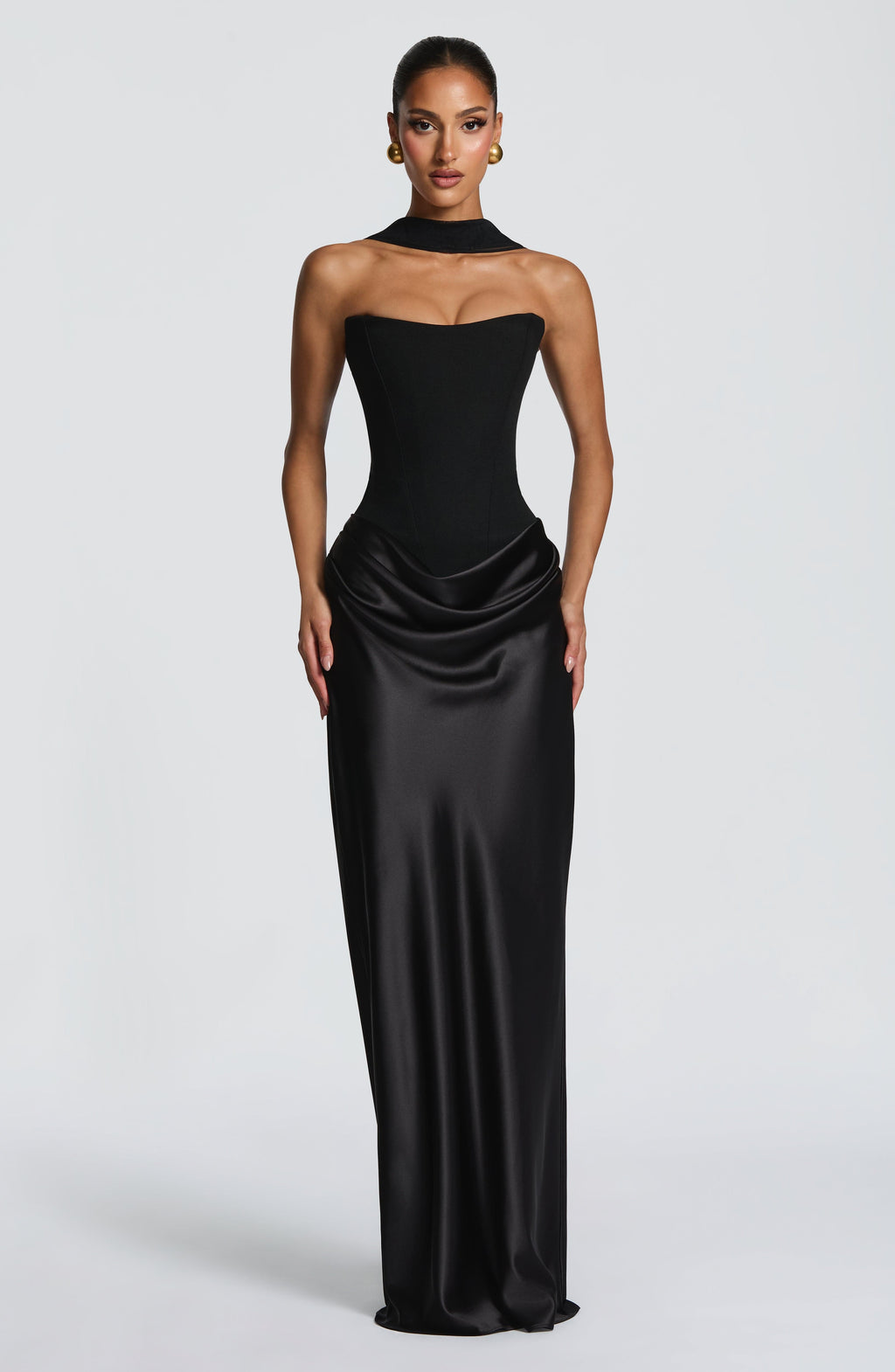 Vestido largo de invitada de boda negro con sobrefalda - Marta™ Ana Ibiza