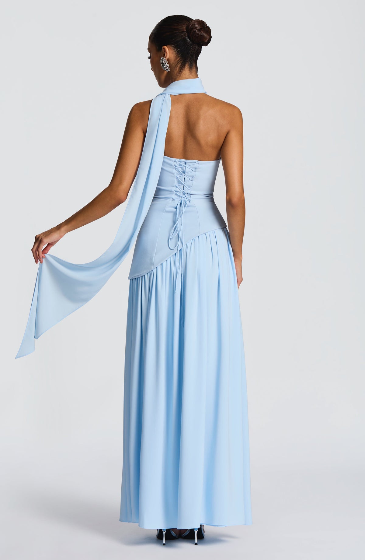 Malena™ en azul bebé, vestido largo de chifón, con corsé