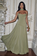 Patricia™ en verde salvia, vestido largo de chifón, con corsé