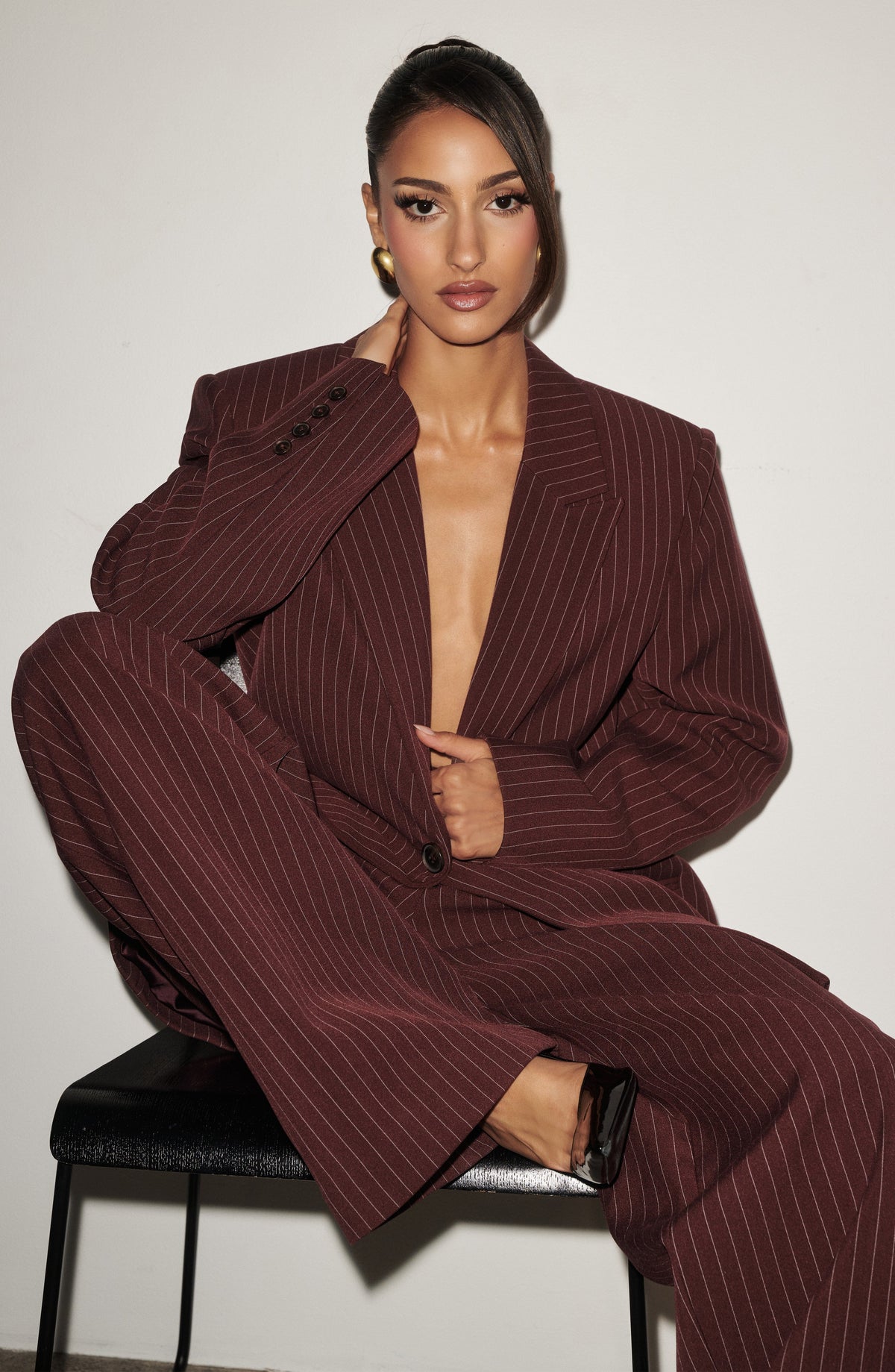 Regina™ - Blazer Oversize de Raya Diplomática Burdeos