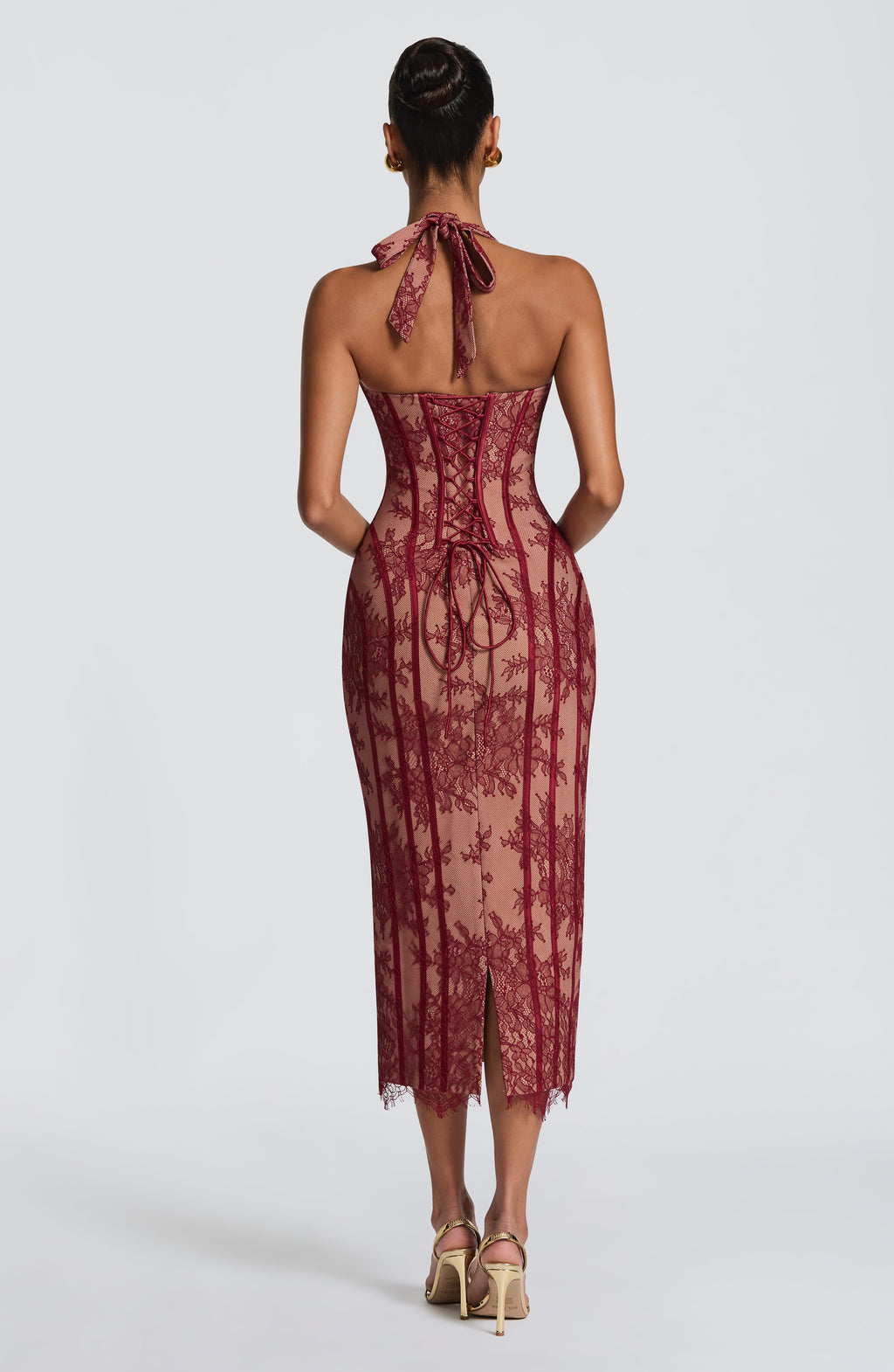 Rocío™ en burdeos, vestido midi de encaje, con corsé