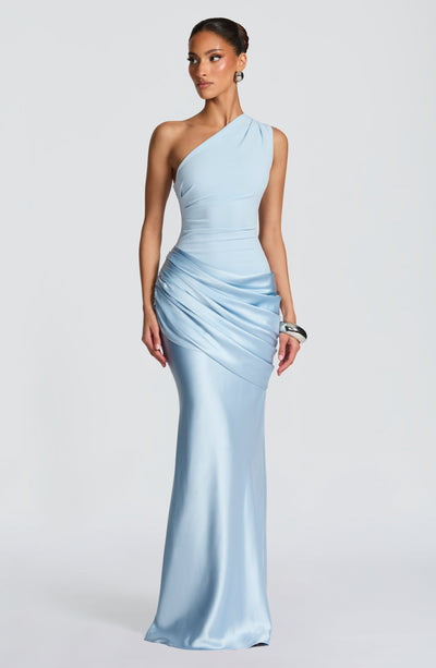 Sabina - Vestido Largo de Satén Azul Glaciar