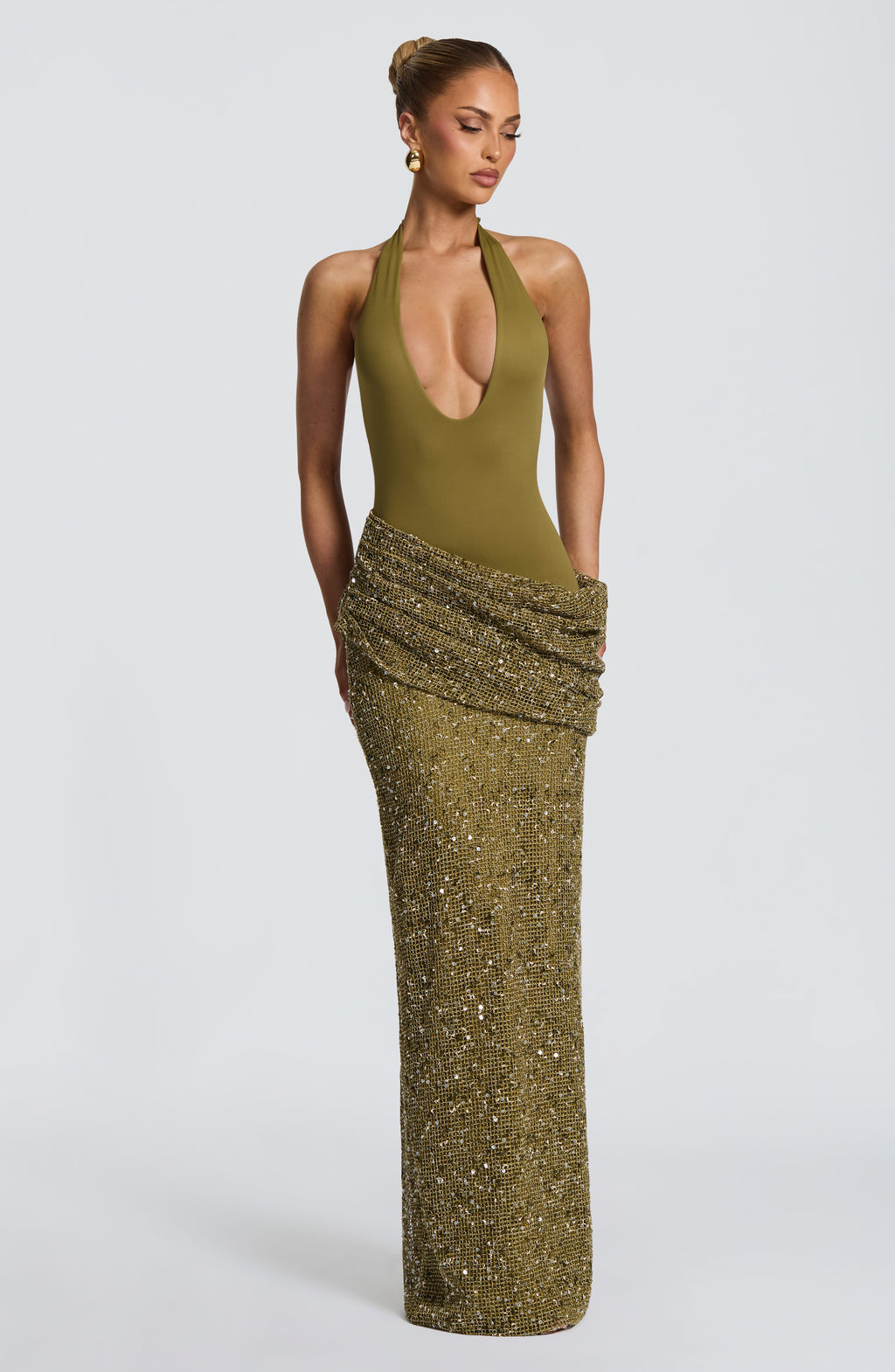 Vestido largo Andrea™ oliva con cuello halter, foto 7