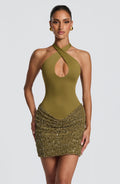 Vestido corto de cóctel oliva de lentejuelas - Andrea™ Ana Ibiza