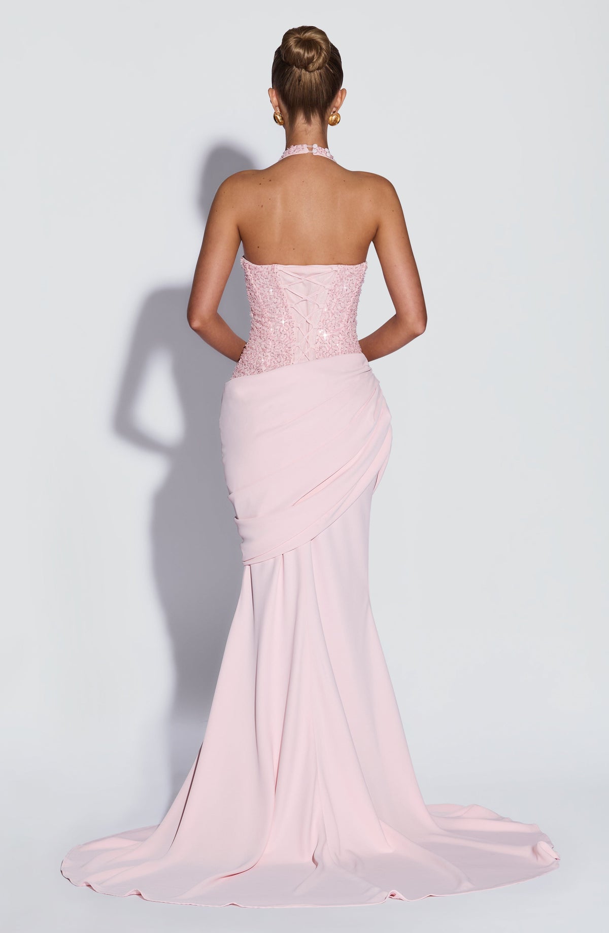 Talía™ en rosa, vestido largo de gala, con corsé