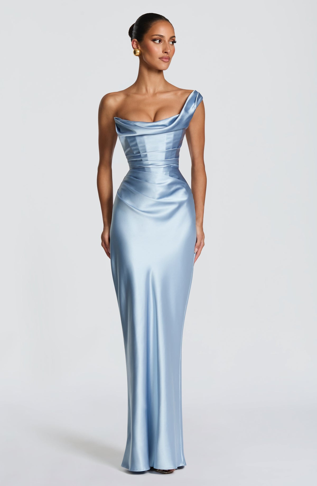 Talía™ en azul glaciar, vestido largo al bies, con corsé