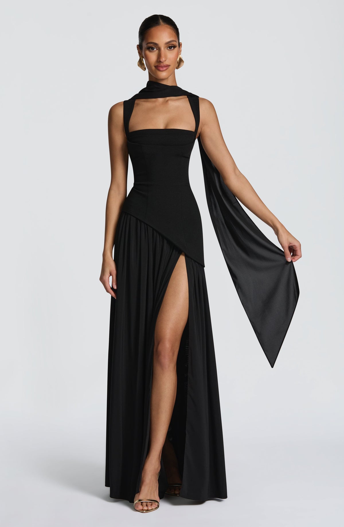 Vestido largo de invitada de boda negro de crepé y chifón - Ainara™ Ana Ibiza