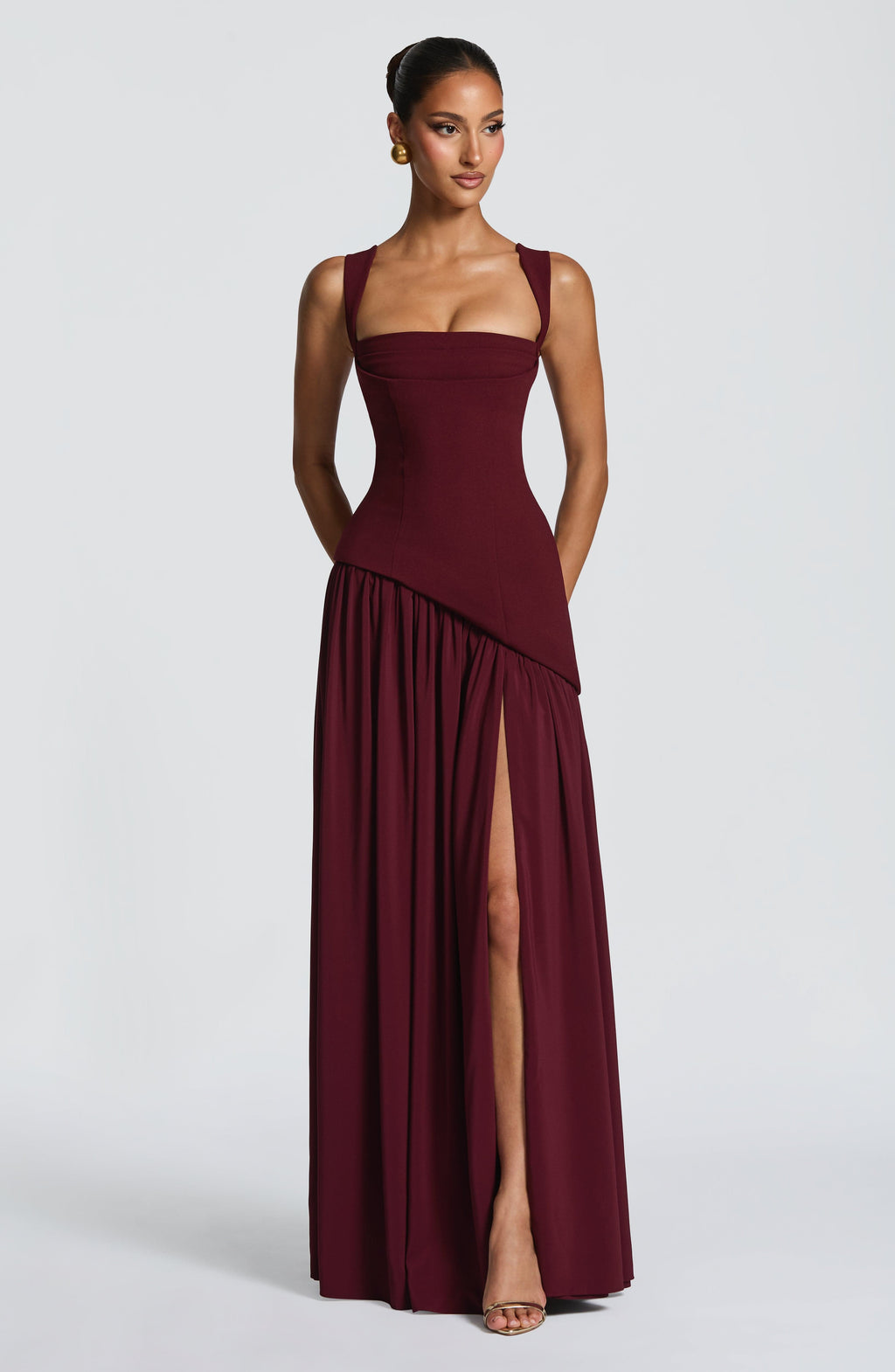 Vestido largo de invitada de boda cereza de crepé y chifón - Ainara™ Ana Ibiza