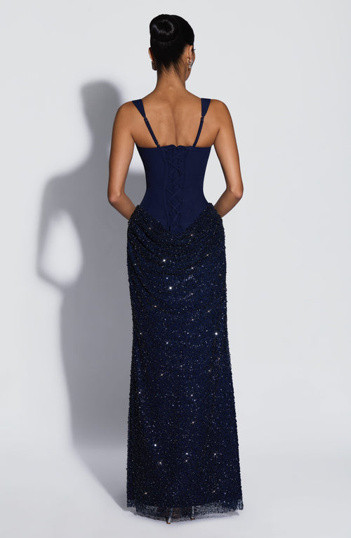 Alicia™ - Vestido Largo con Corsé y Tul Bordado Azul Marino