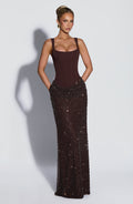 Alicia™ - Vestido Largo con Corsé y Tul Bordado Marrón Ciruela